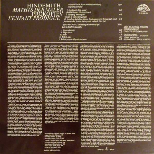 Hindemith* / Prokofiev* - Czech Philharmonic Orchestra*, Oskar Danon - Mathis Der Maler / L'Enfant Prodigue (LP, Album, Club)