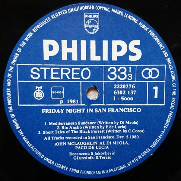 Al Di Meola / John McLaughlin / Paco De Lucía - Friday Night In San Francisco (LP, Album)