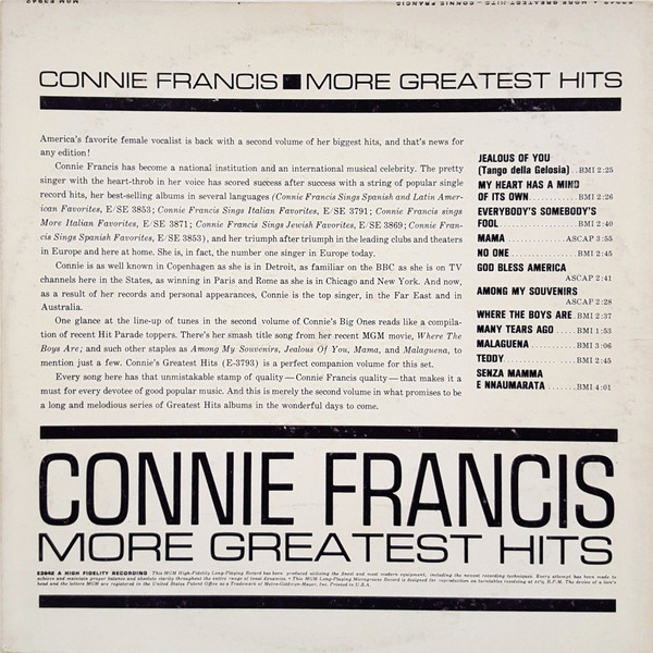 Connie Francis - More Greatest Hits (LP, Comp, Mono, MGM)